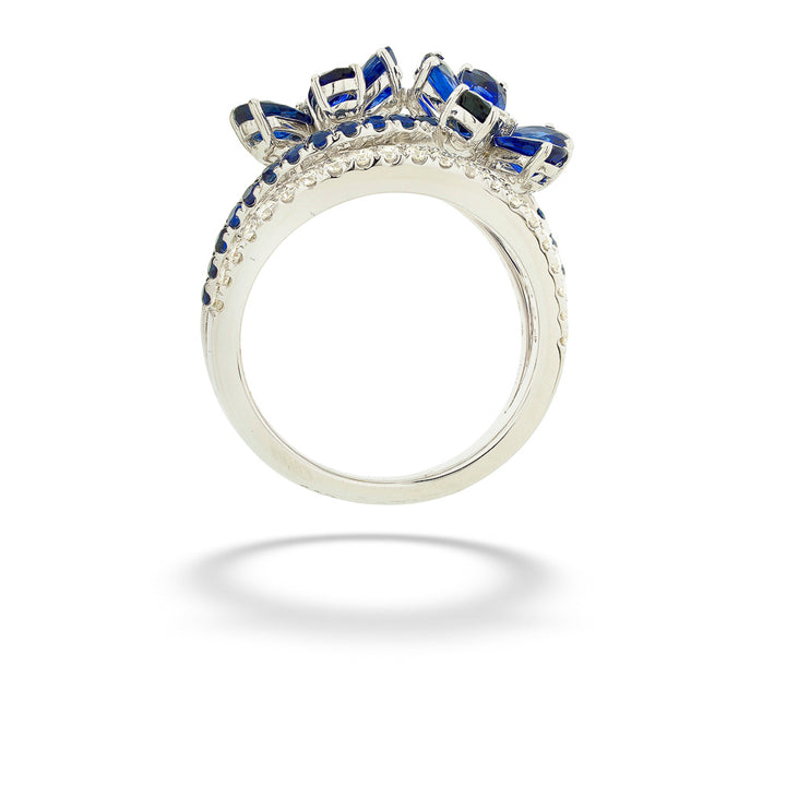 White Gold Blue Sapphire & Diamond Flower Ring