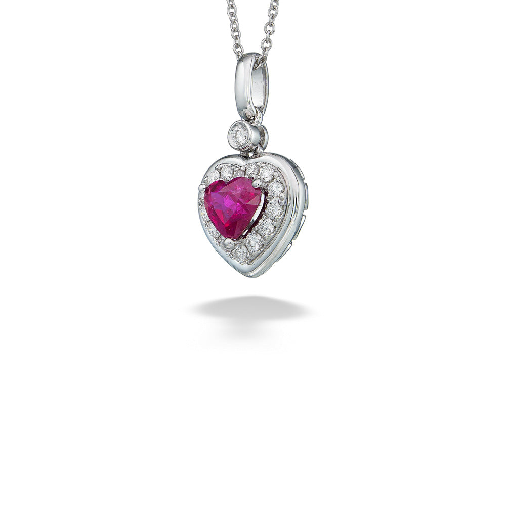 Heart Shaped Ruby & Diamond Halo Necklace