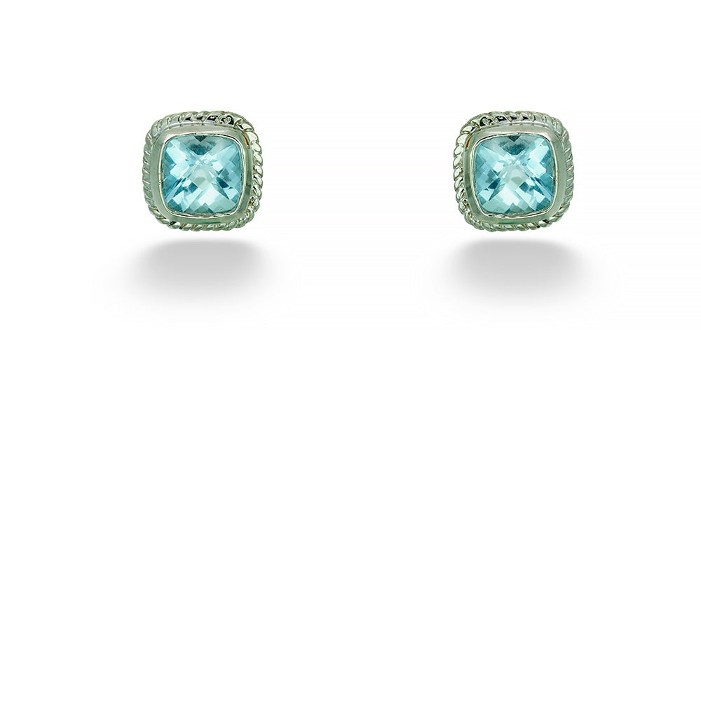 Square Aquamarine Studs with Rope Edge Bezel