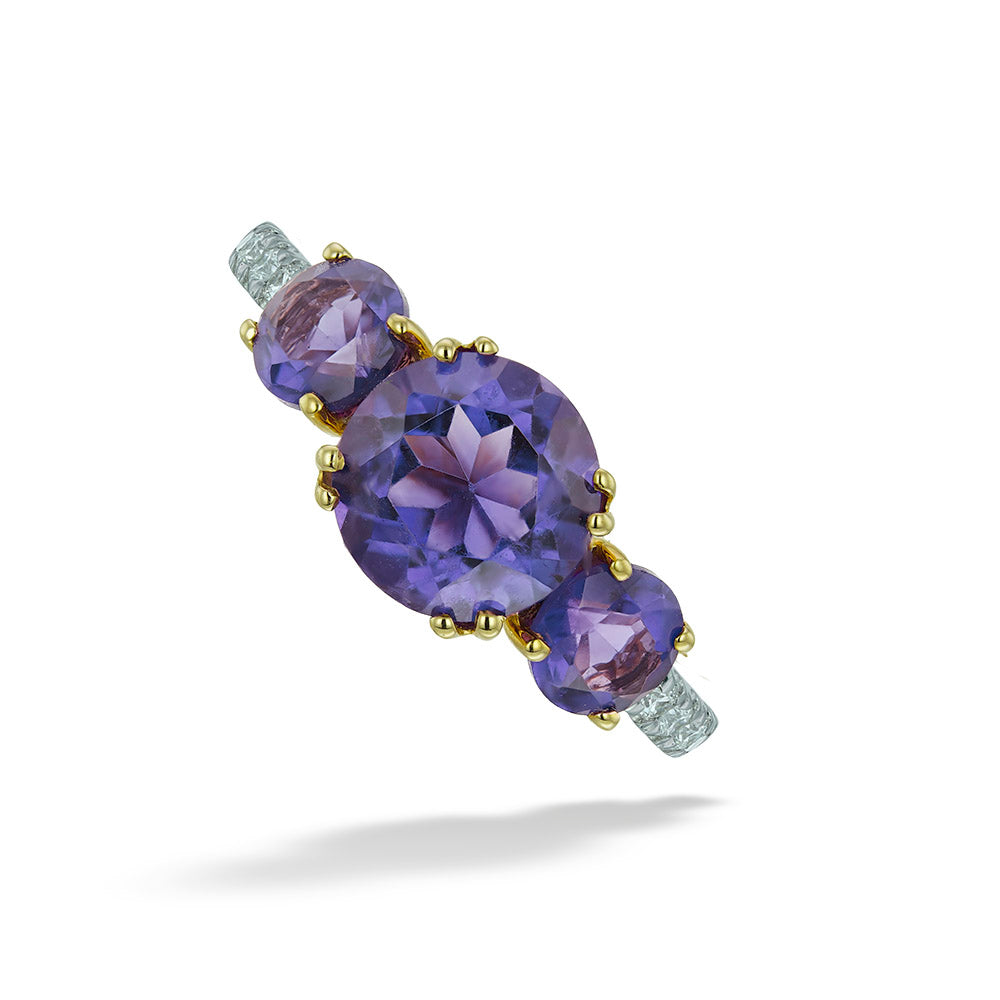 3 Stone Amethyst & Diamond Ring