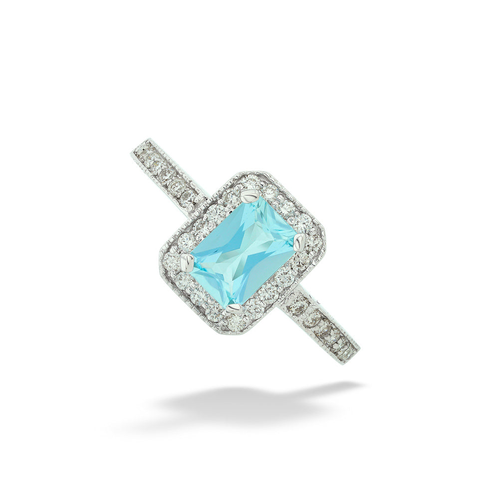 14K White Gold Radiant Cut Aquamarine & Diamond Ring