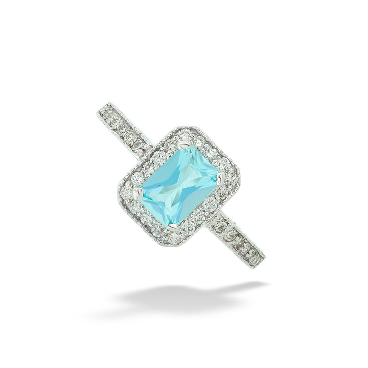 14K White Gold Radiant Cut Aquamarine & Diamond Ring