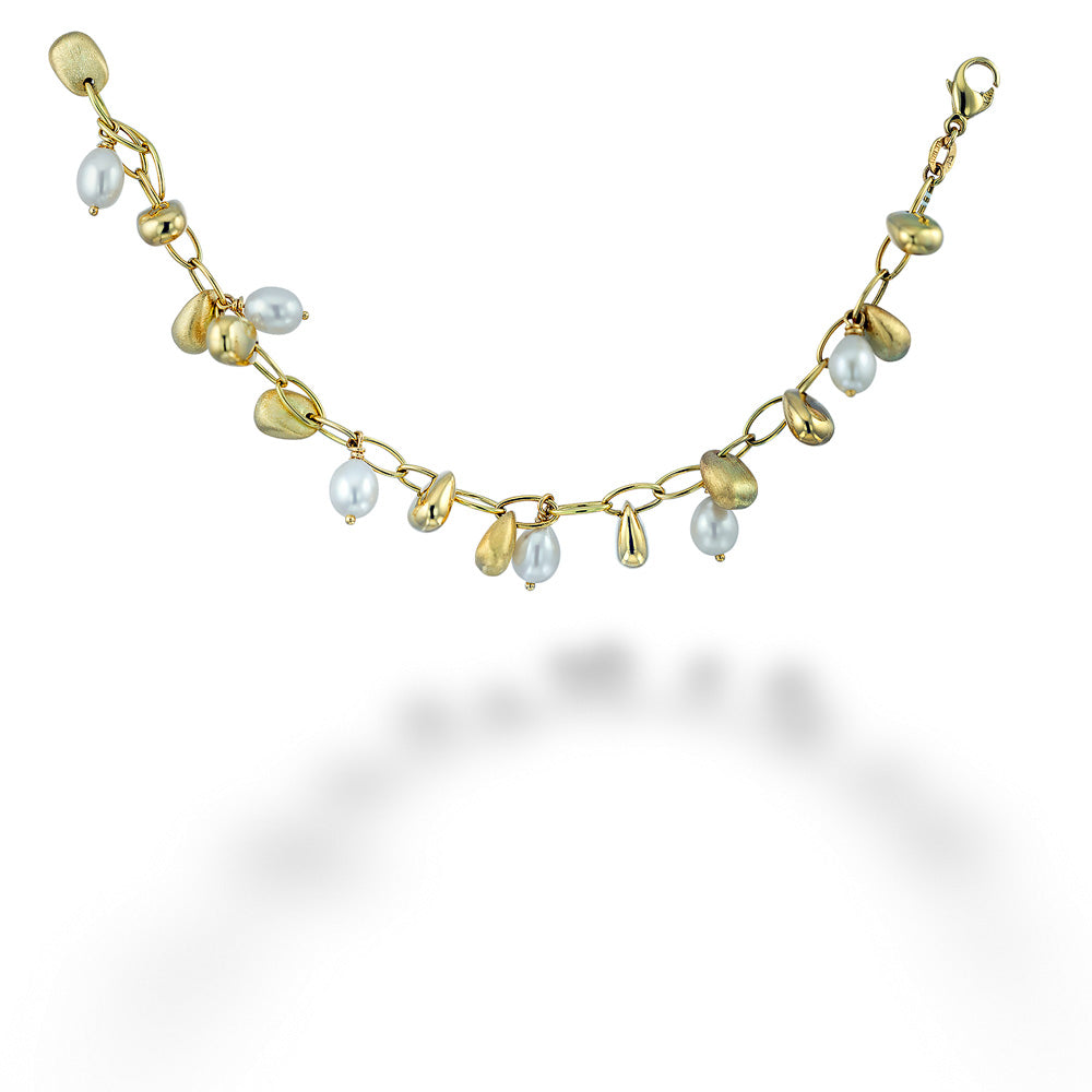 Freshwater Pearl Bracelet with 14K Polished & Brushed Charms