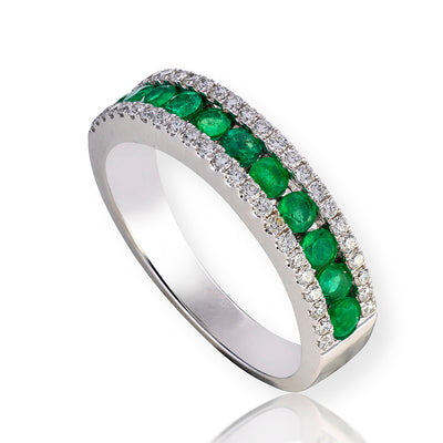 Round Cut Emerald Channel-Set Three Row Ring