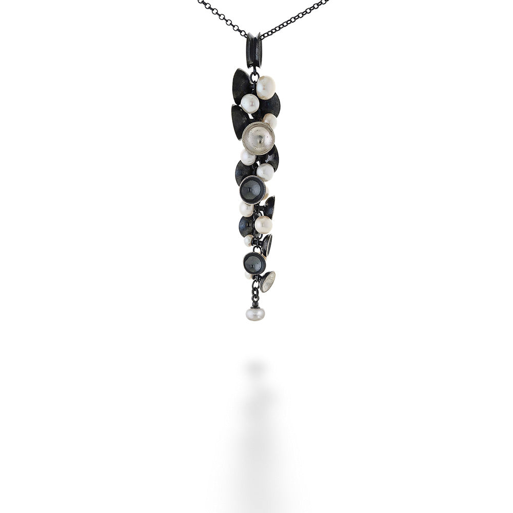 Oxidized Silver Cluster Pendant with Fresh Water Pearls & Chain by Mysterium