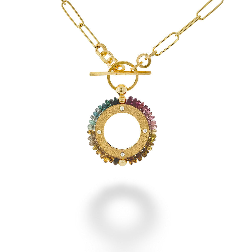 Multi-Color Tourmaline Circle Pendant & Paperclip Chain by Mysterium