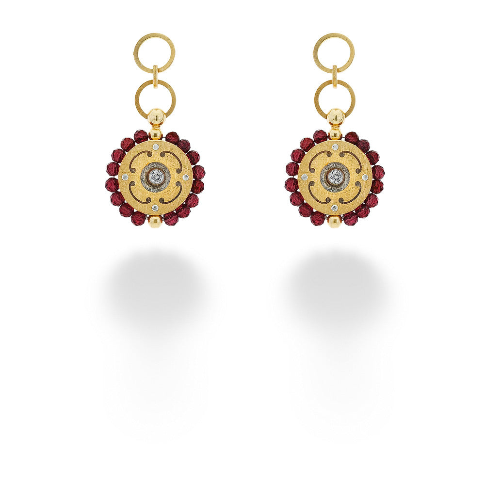 Gold Plated Garnet & CZ Disc Earrings by Mysterium