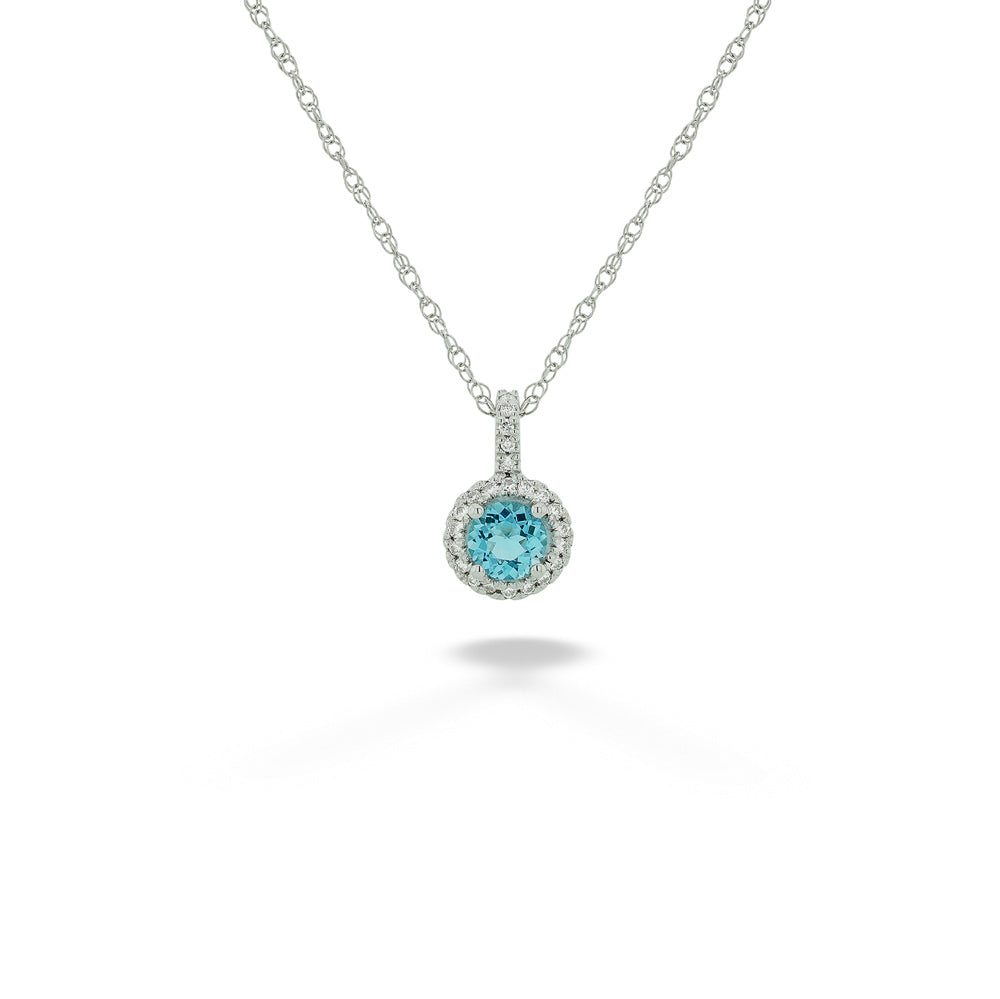 Aquamarine & Diamond Halo Pendant & Chain