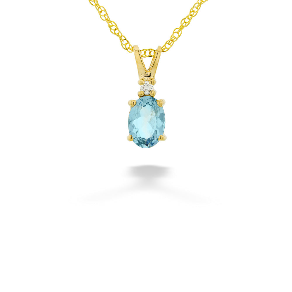 14K Yellow Gold Oval Aquamarine and Diamond Pendant and Chain