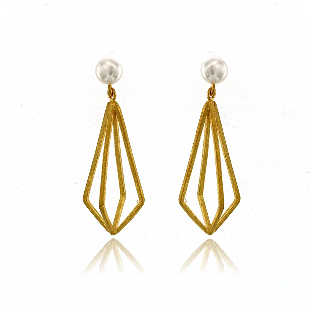 Pearl Studs with Geometric Gold Kite Dangle