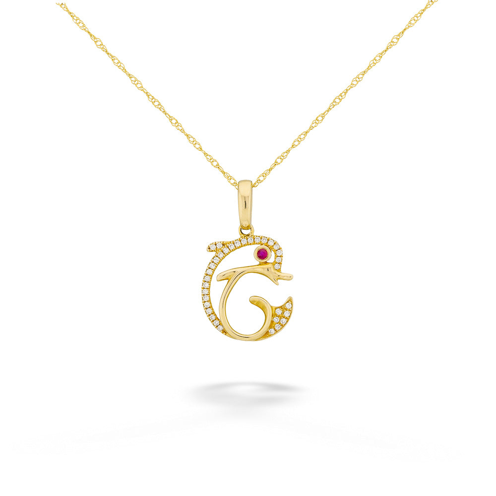 14ky 0.02ct Ruby & 0.07tdw Diamond Dolphin Pendant & Chain 18"