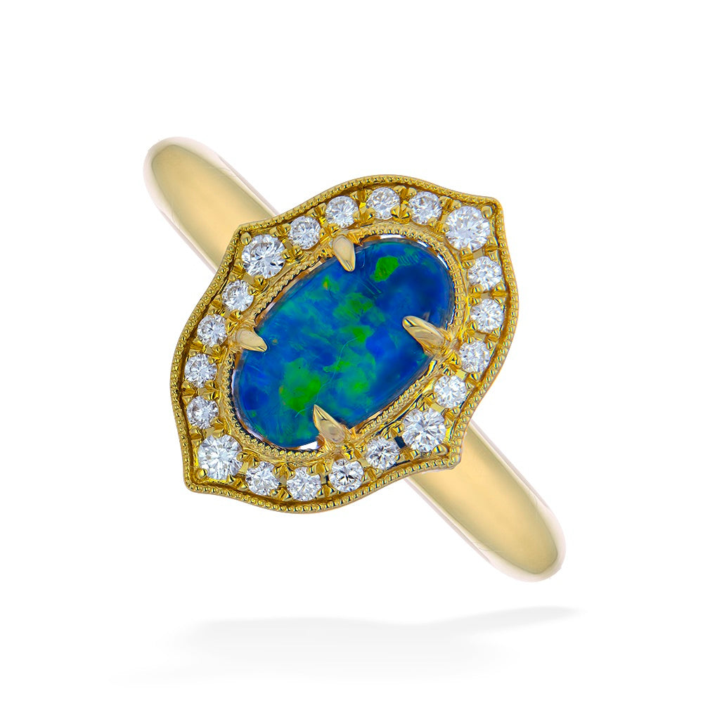 Black Opal & Diamond Halo Ring