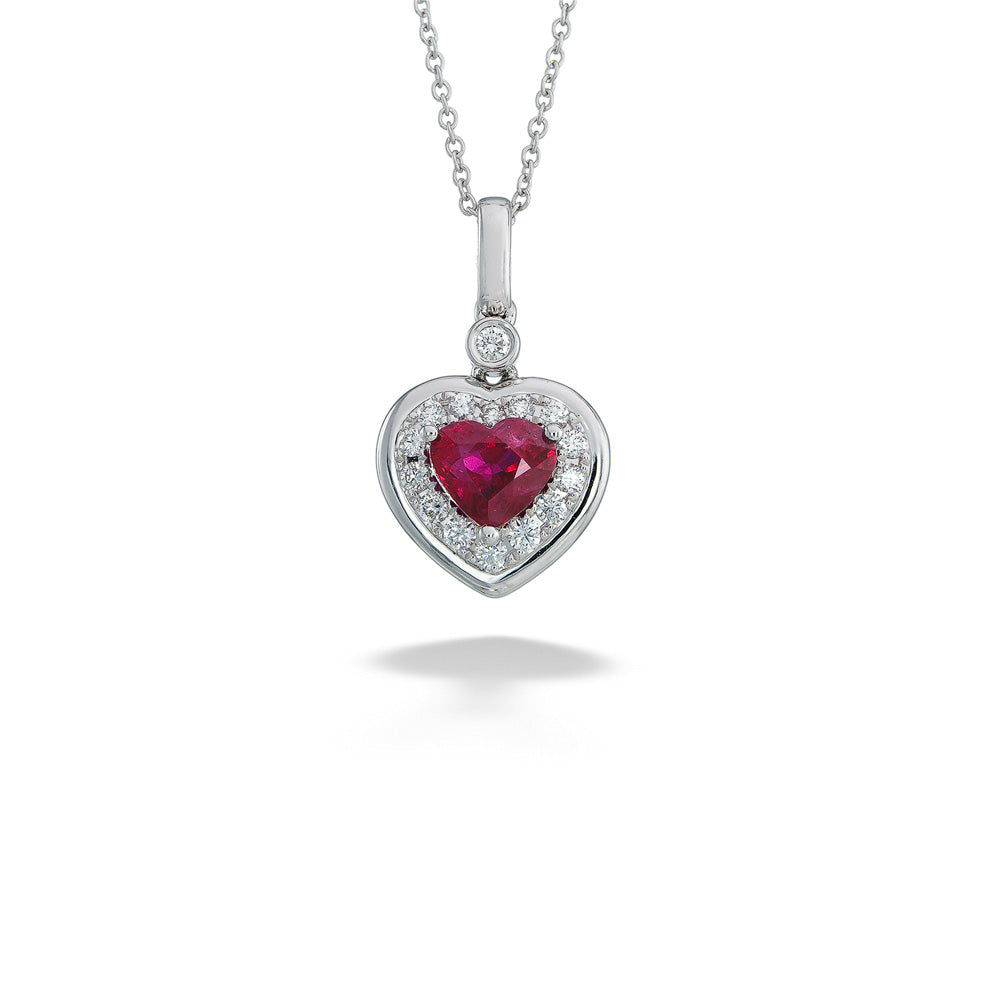 Heart Shaped Ruby & Diamond Halo Necklace