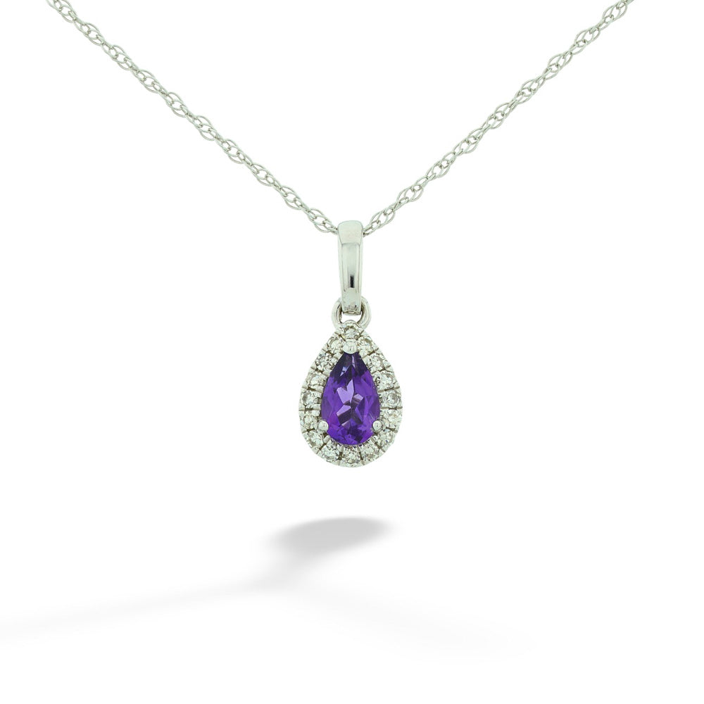 10kw 5x3mm Pear Shape Amethyst & 0.07tdw Diamond Halo Pendant & Chain 18"