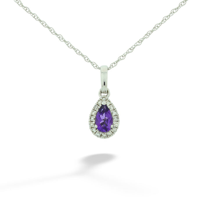10kw 5x3mm Pear Shape Amethyst & 0.07tdw Diamond Halo Pendant & Chain 18"