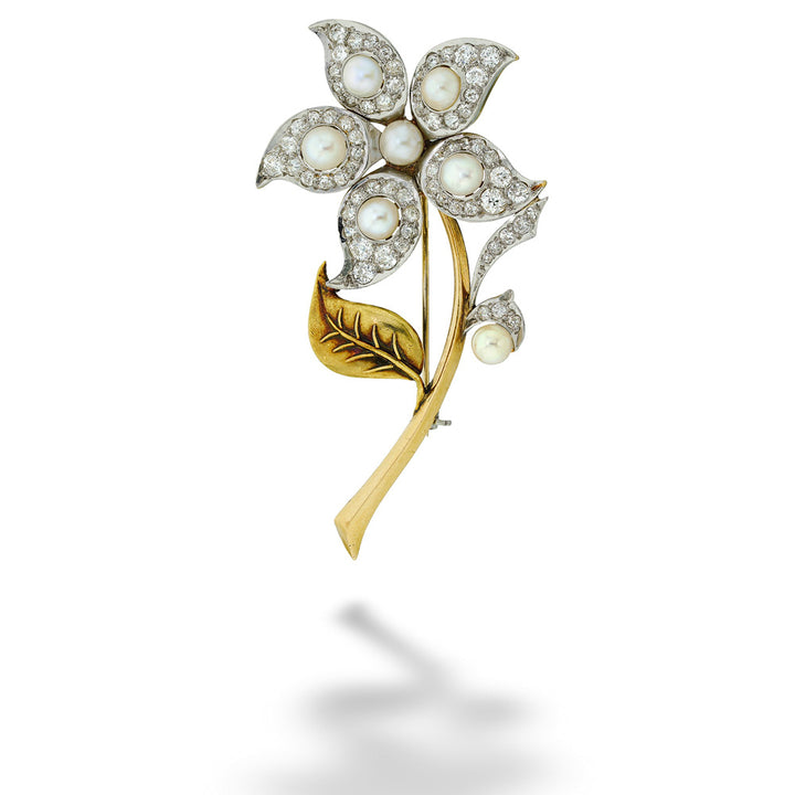 European Cut Diamond & Pearl Flower Brooch