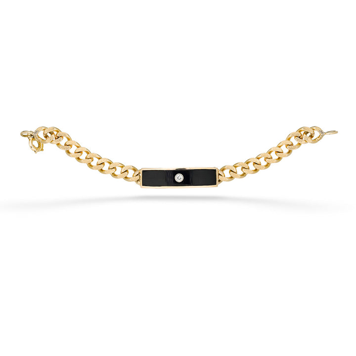 14ky Onyx & 0.22tdw Diamond "ID" Style Bracelet with Curb Chain Links 7.75"