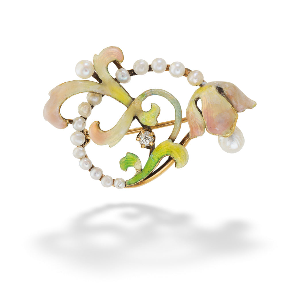 Art Nouveau Enamel, Pearl & Diamond Pin
