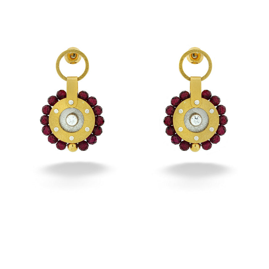 SS & Gold Plated Garnet & CZ Disc Earrings by Mysterium