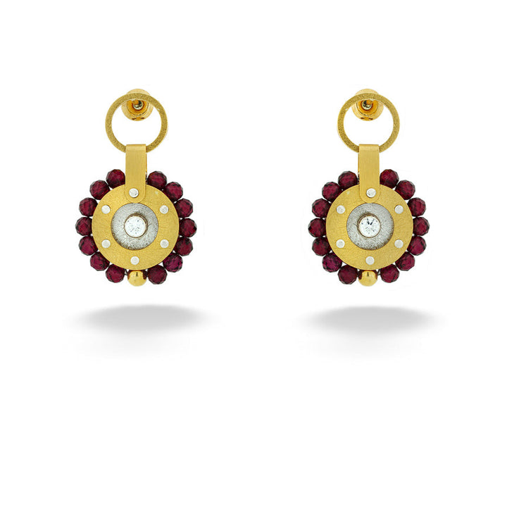 SS & Gold Plated Garnet & CZ Disc Earrings by Mysterium