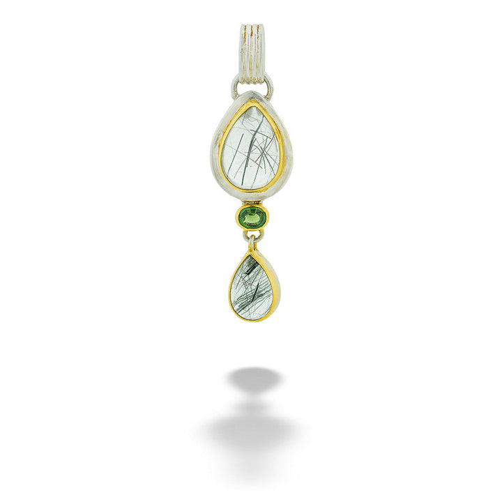 SS & 22kt Gold Vermeil Tourmalinated Quartz & Chrome Diopside Pendant by Michou