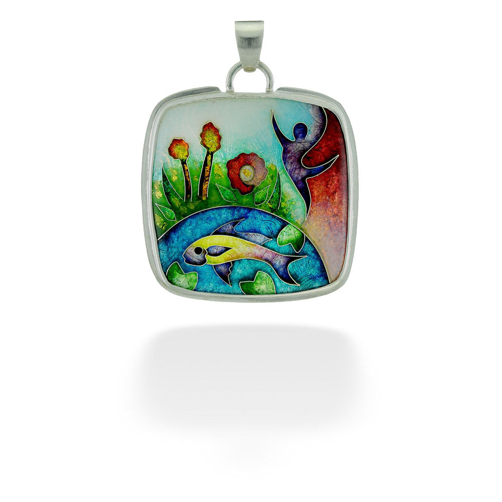 Large Square Garden Dancer Enameled Pendant by Ricky Frank