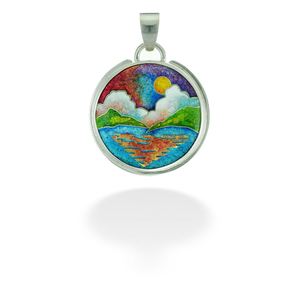 Medium Round Mountain Sunset Enameled Pendant by Ricky Frank