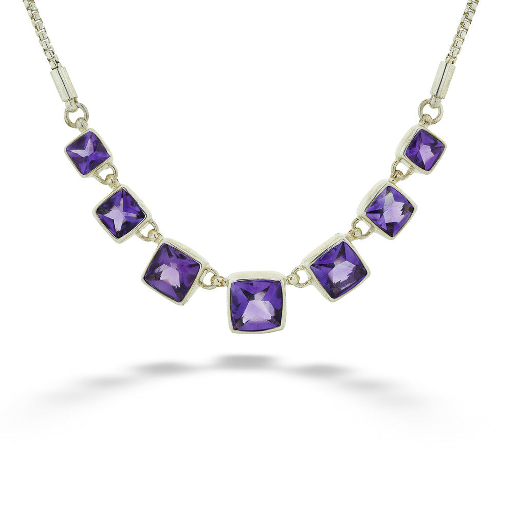 Sterling Silver Graduated Square Amethyst Statement Necklace by Acleoni