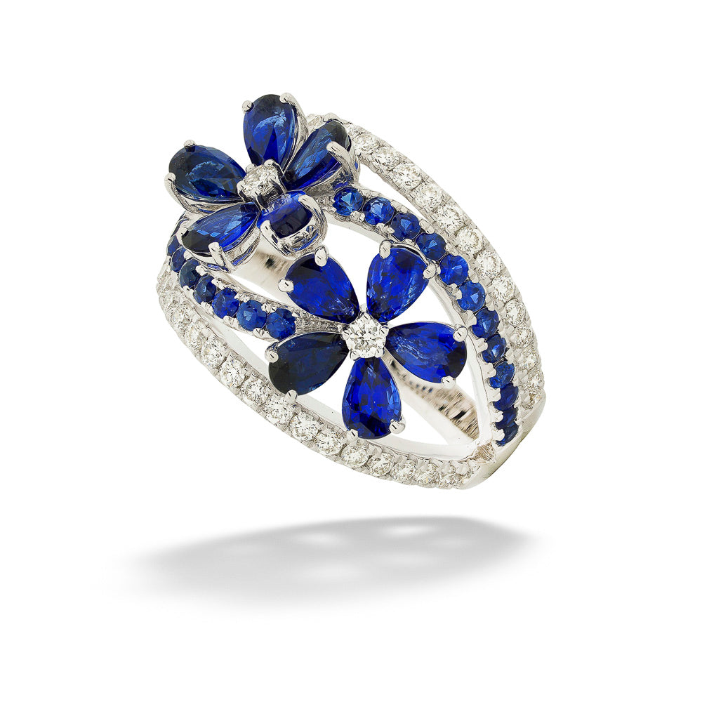 White Gold Blue Sapphire & Diamond Flower Ring