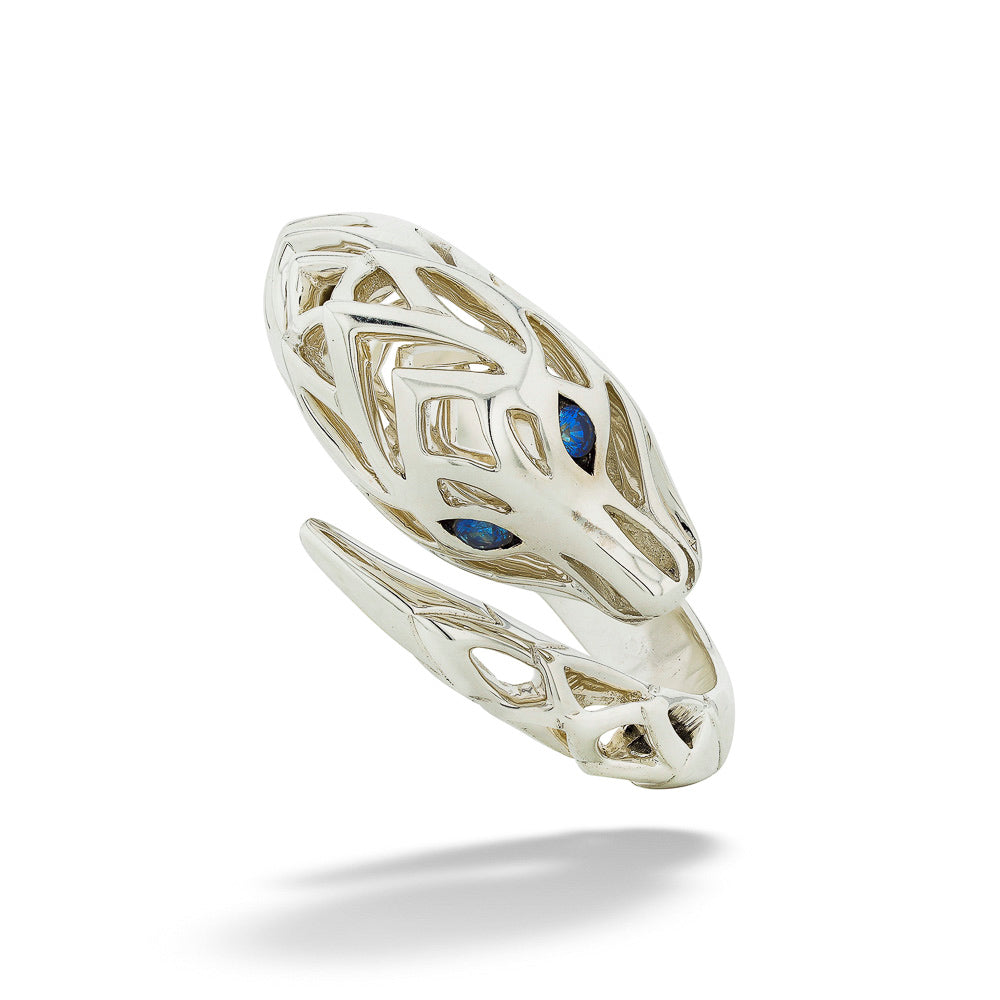 Silver Naga Bypass Ring with Blue Sapphire Eyes by John Hardy