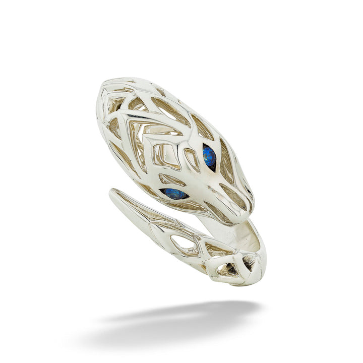 Silver Naga Bypass Ring with Blue Sapphire Eyes by John Hardy