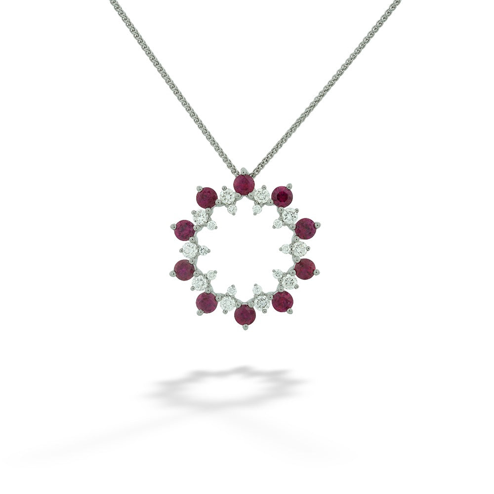 Ruby and Diamond Circle Pendant Necklace