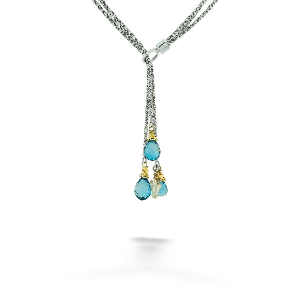 Mixed Metals Blue Topaz and Pearl Lariat Necklace by Anatoli