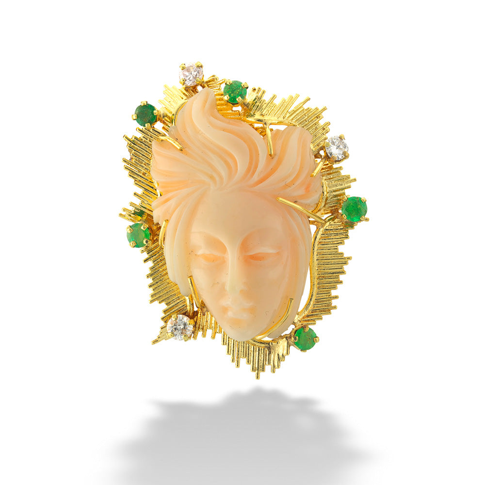 Carved Angel Skin Cameo with Emeralds & Diamonds