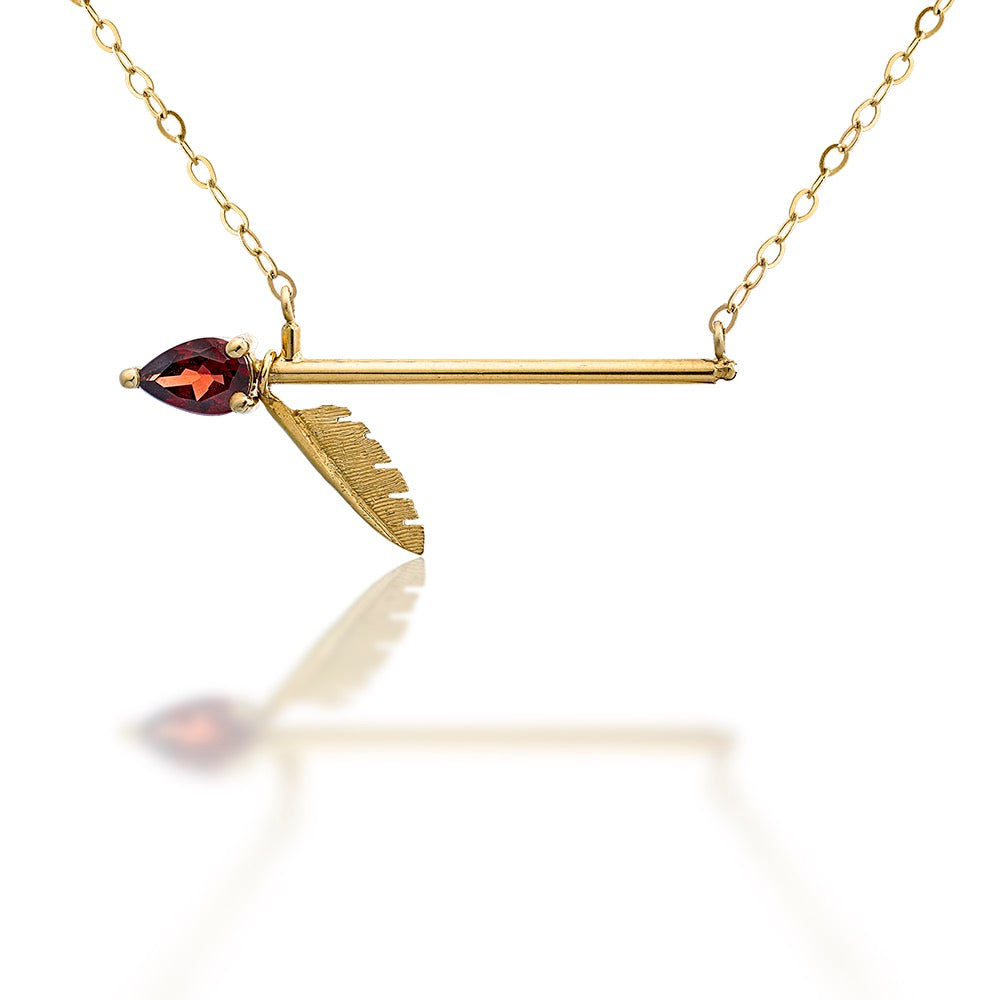 Yellow Gold Garnet Arrow and Feather Necklace