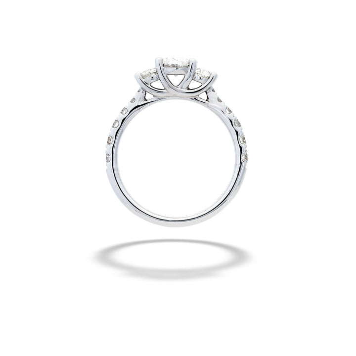 Silver ring with a diamond on a white background 3-Stone Diamond Engagement Ring