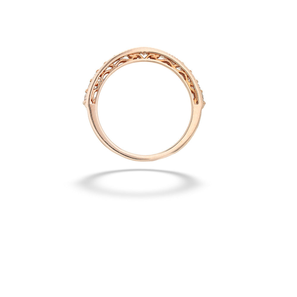 Rose gold ring with intricate design on a white background 14K Rose Gold Diamond Wedding Band