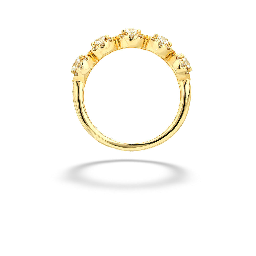 Gold ring with small diamonds on a white background 14K Gold Diamond Halo Wedding Band