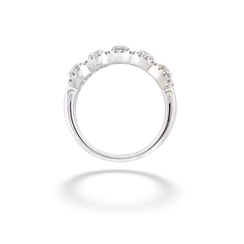 Silver ring with small diamonds on a white background 14K White Gold Diamond Halo Wedding Band