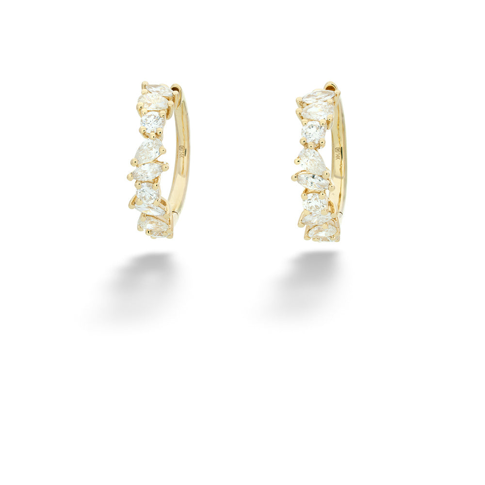Gold hoop earrings with clear gemstones on a white background Multi-Shape Diamond Hoops by Shy Creation