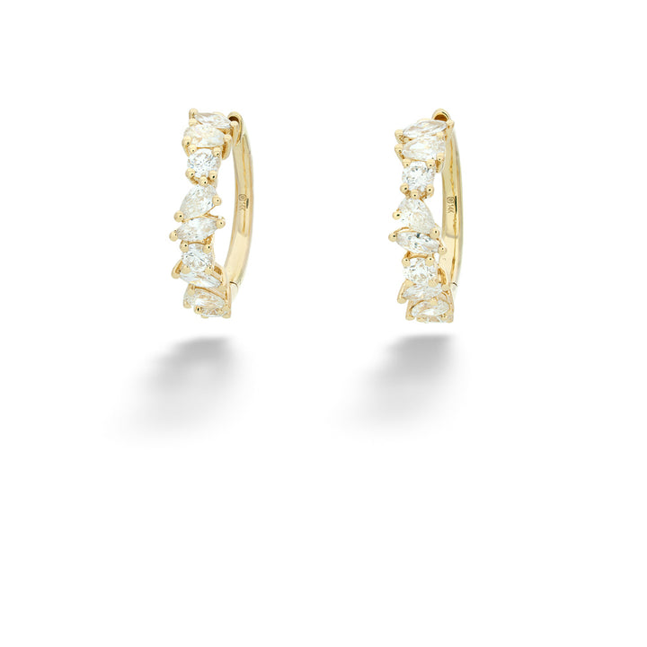 Gold hoop earrings with clear gemstones on a white background Multi-Shape Diamond Hoops by Shy Creation