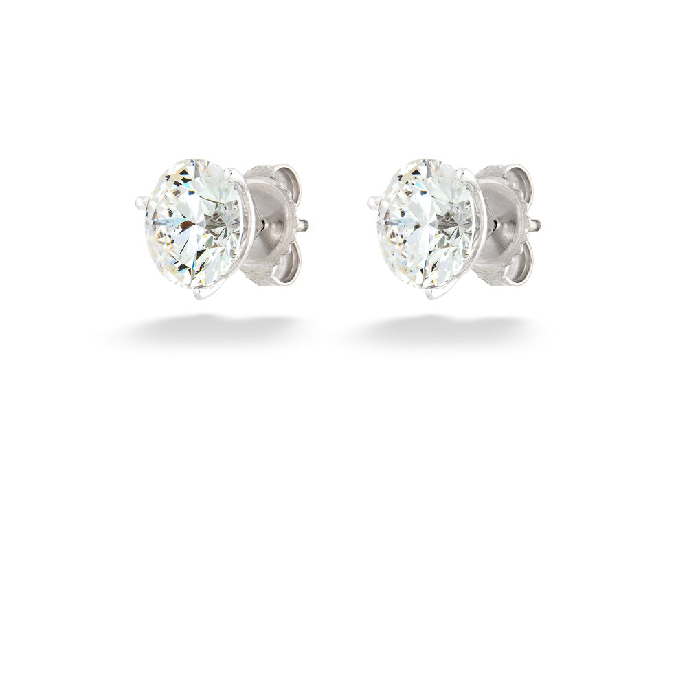 Pair of silver stud earrings with clear gemstones on a white background 4.08tdw Round Lab Grown Diamond Solitaire Studs