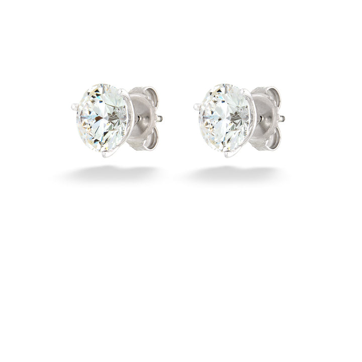 Pair of silver stud earrings with clear gemstones on a white background 4.08tdw Round Lab Grown Diamond Solitaire Studs