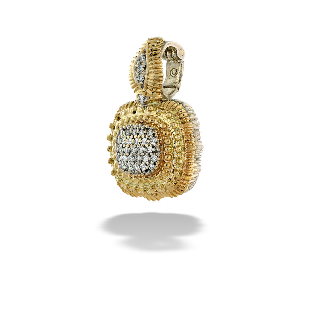 Gold and diamond earring on a white background  Square Pavé Diamond Pendant by Vahan 
