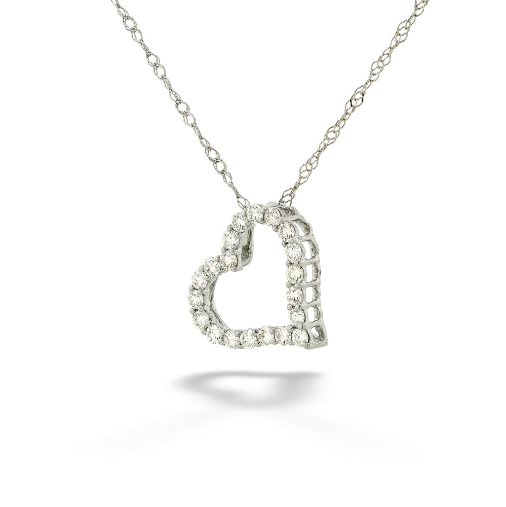 Heart-shaped diamond pendant on a chain against a white background
