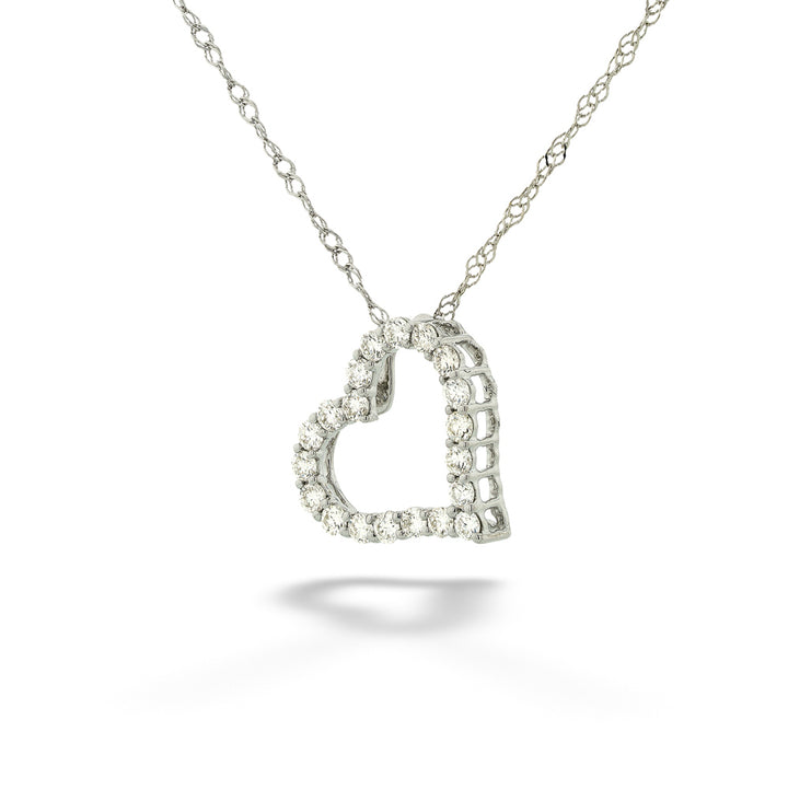 Heart-shaped diamond pendant on a chain against a white background