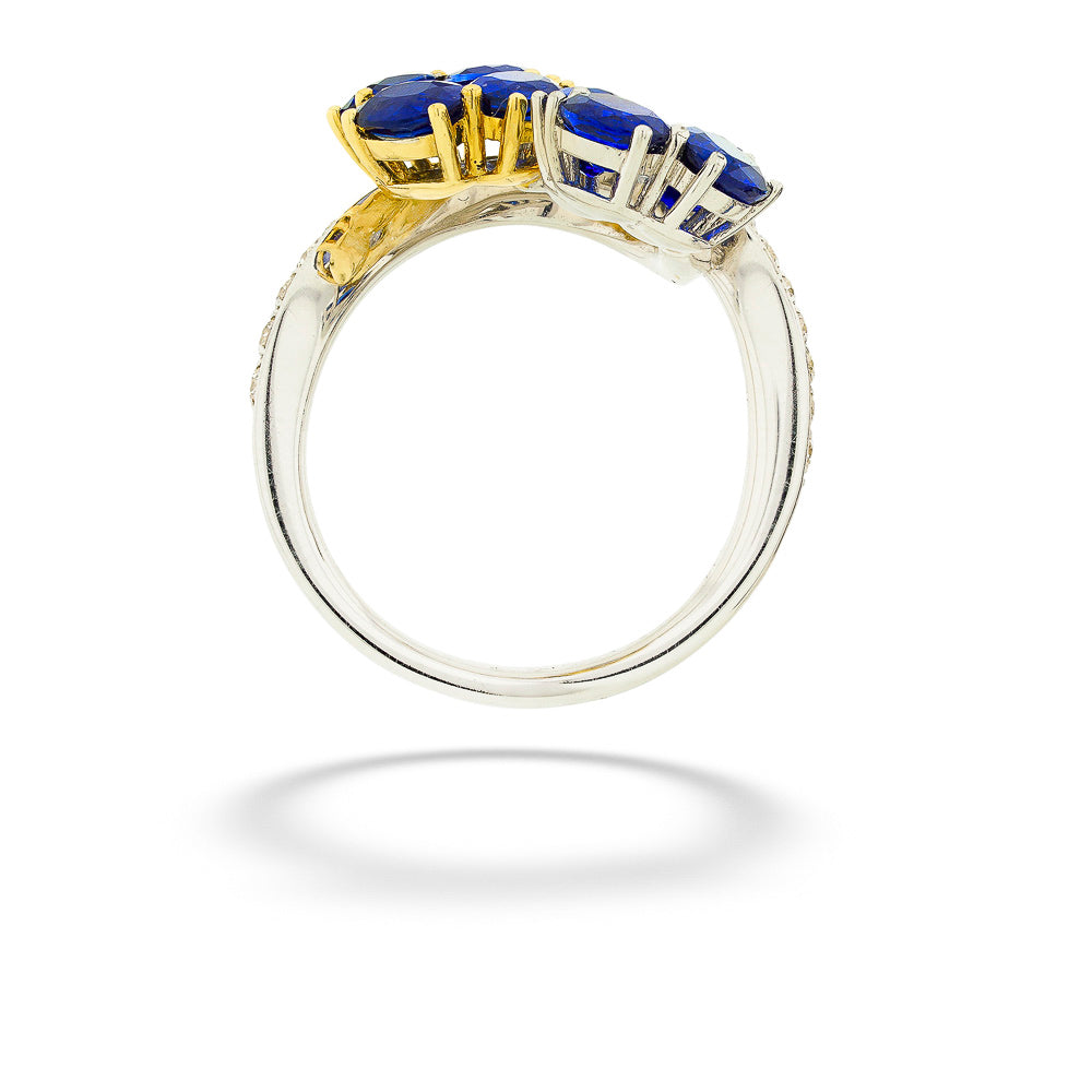 Mixed Metal Blue Sapphire and Diamond Flower Ring