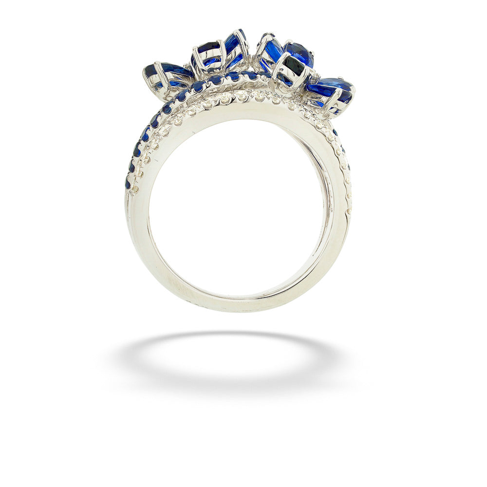 White Gold Blue Sapphire & Diamond Flower Ring