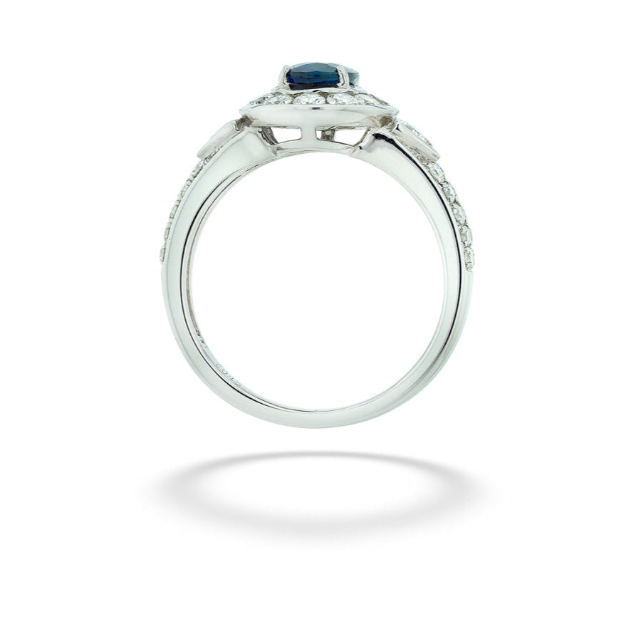 14kw 1.02ct Oval Blue Sapphire, 0.13tdw Triangle Diamonds & 0.74tdw Round Diamonds Ring sz 6.5