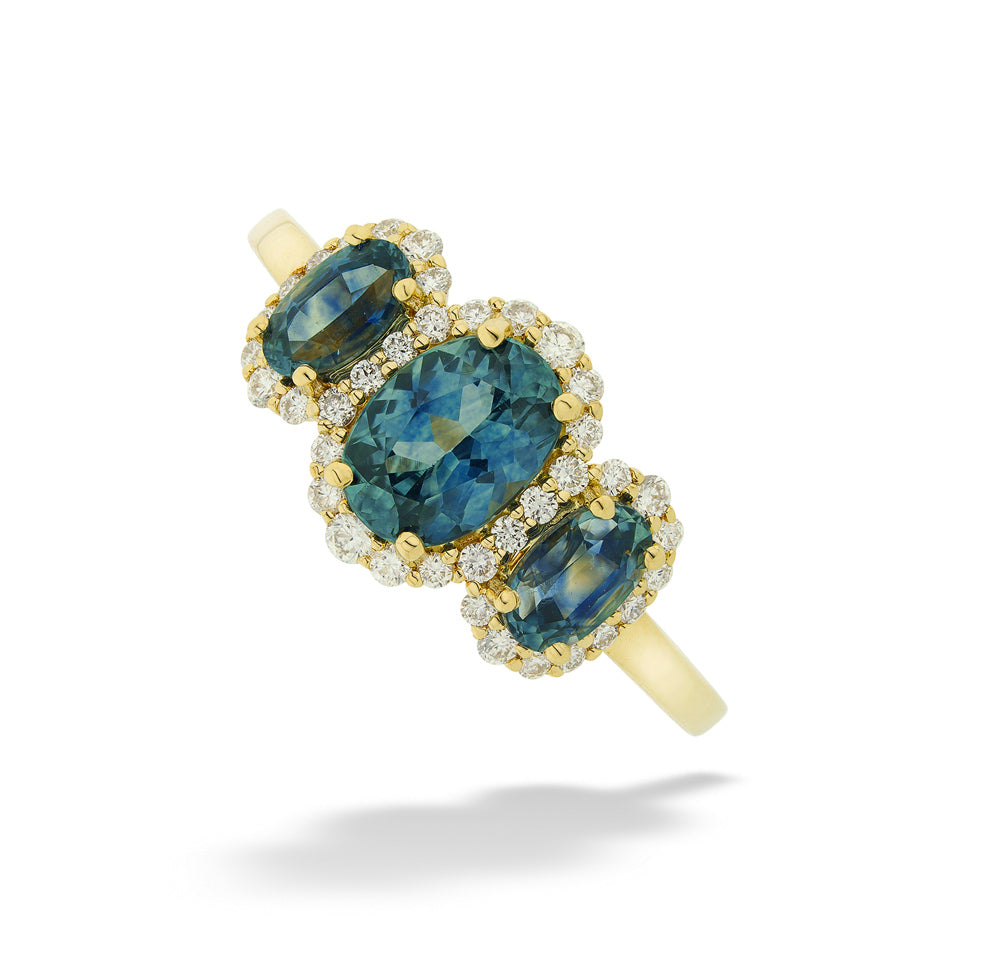Montana Sapphire and Diamond Three-Stone Halo Ring by Parlé